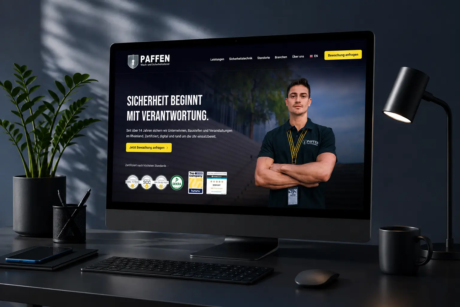 Referenz: Website eines Sicherheitsdienstes auf einem Desktop-Monitor