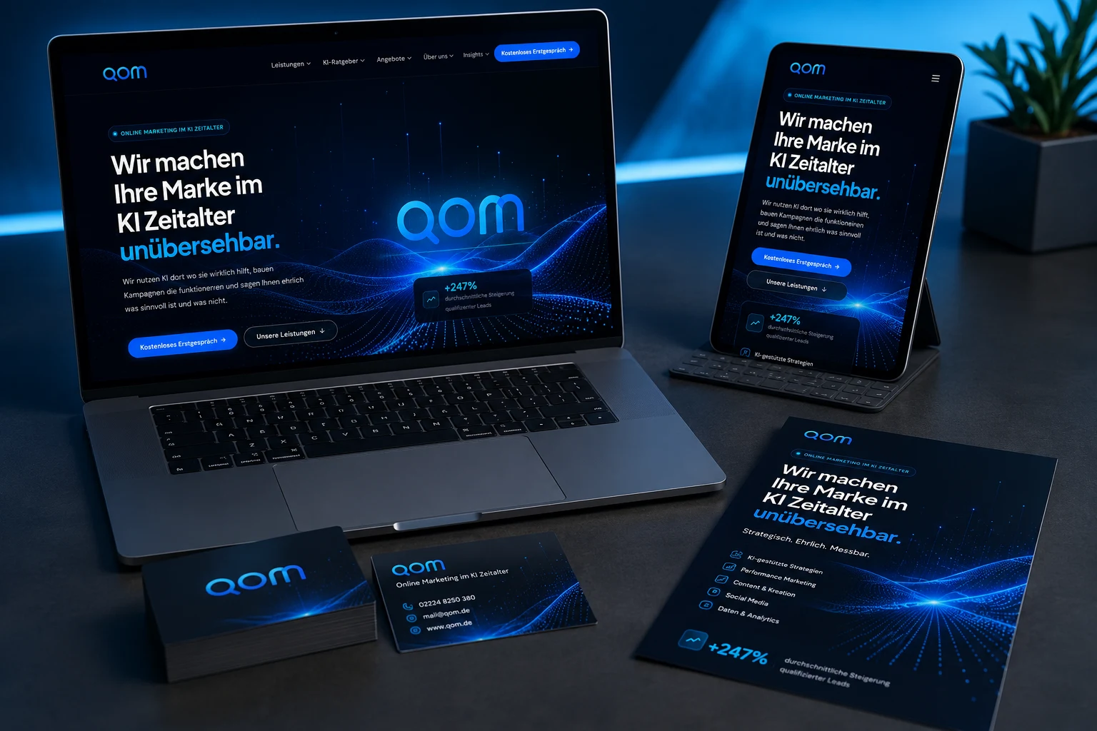 Referenz: Markenauftritt eines Technologieunternehmens auf Laptop, Smartphone und Print